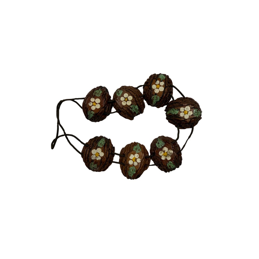 Vintage Hand Painted Walnut Pit Bracelet Floral Cottagecore Boho Brown Elastic